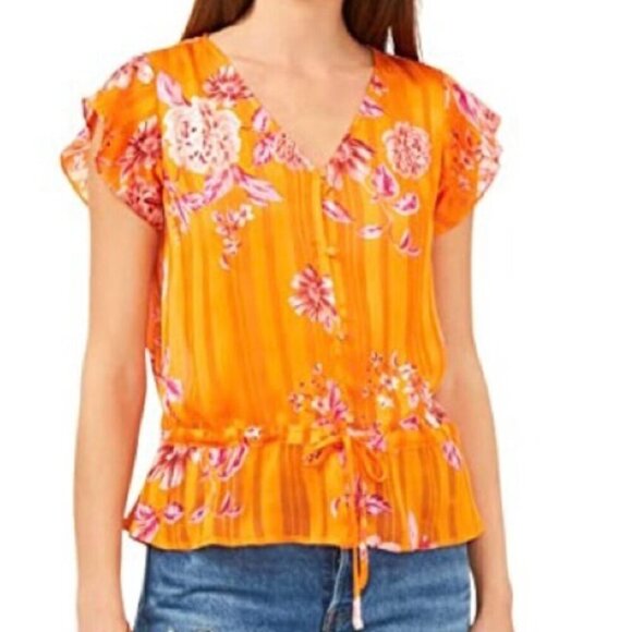 Vince Camuto Tops - Vince Camuto Orange Rio Gardens Floral Print V-Neck Flutter Sleeve Peplum Top M